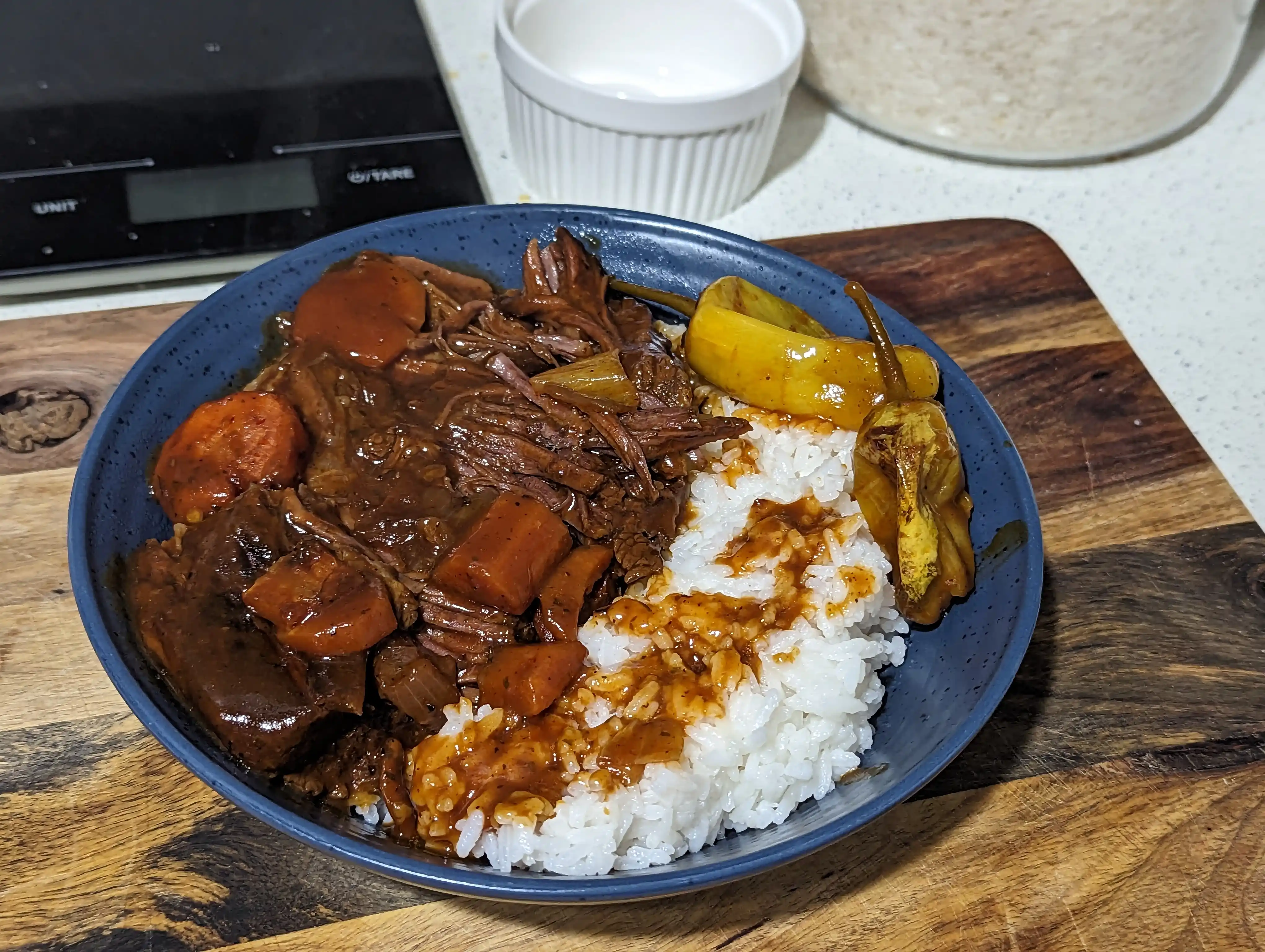 Bowl with Peperoncini Roast served on rice